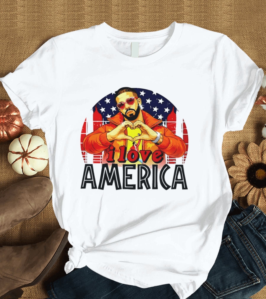Drake I Love America Flag Heart Gesture Red Jacket Sunglasses T-Shirt