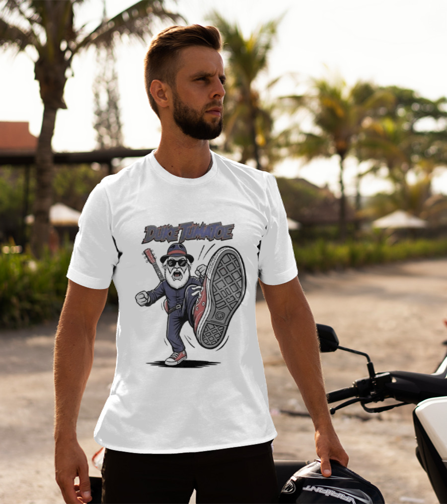 Duke Tumatoe Character Kicking Action In Blue Outfit And Red Shoes T-Shirt