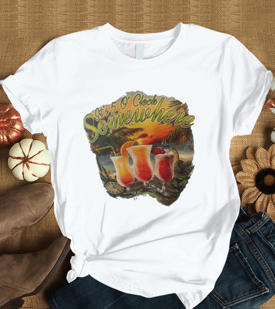 It's 5 O' Somewhere Tropical Sunset Cocktails And Palm Trees T-Shirt