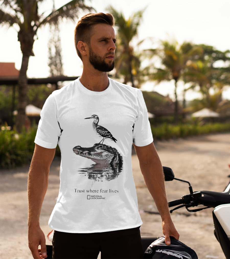 National Geographic Trust Where Fear Lives Alligator And Bird T-Shirt