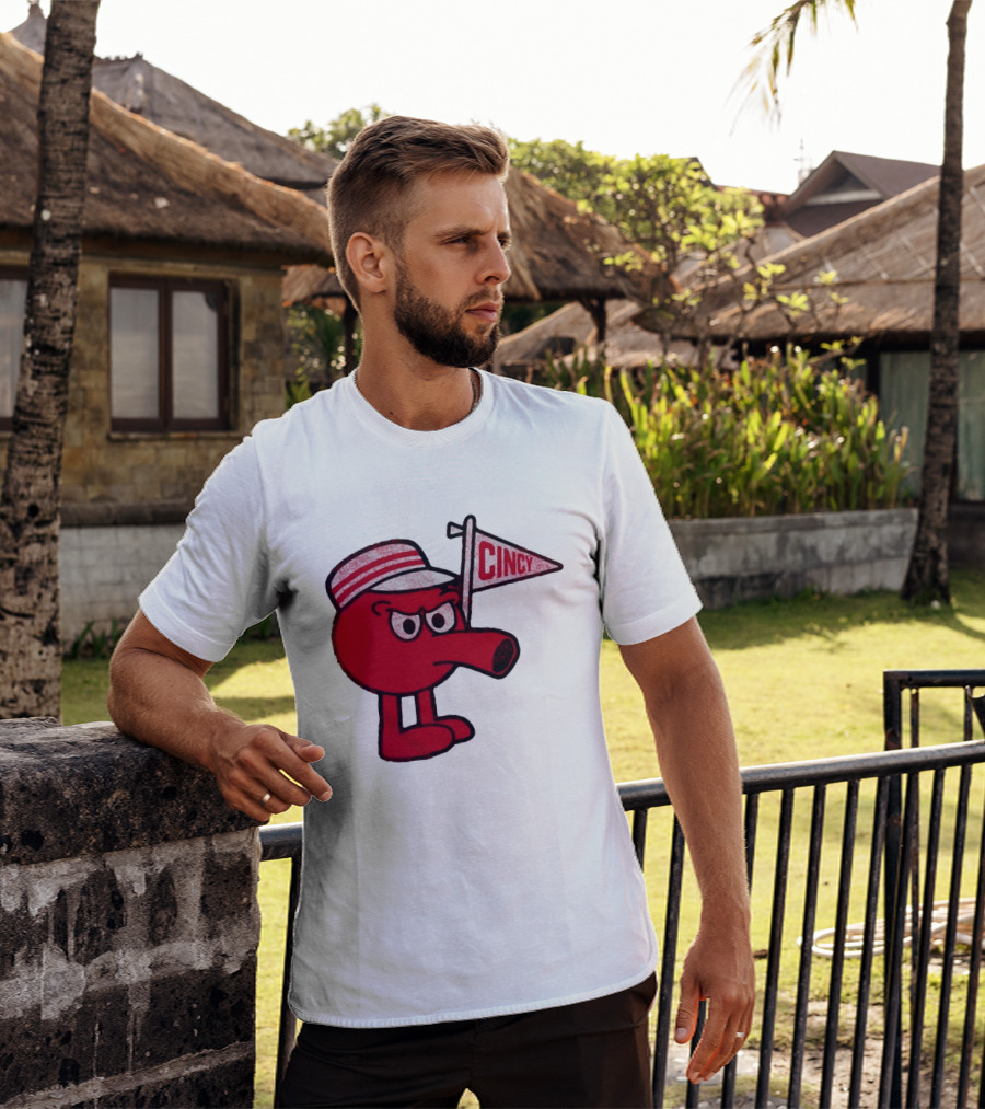 Cincy Redbert Cartoon Character With Striped Hat And Flag T-Shirt