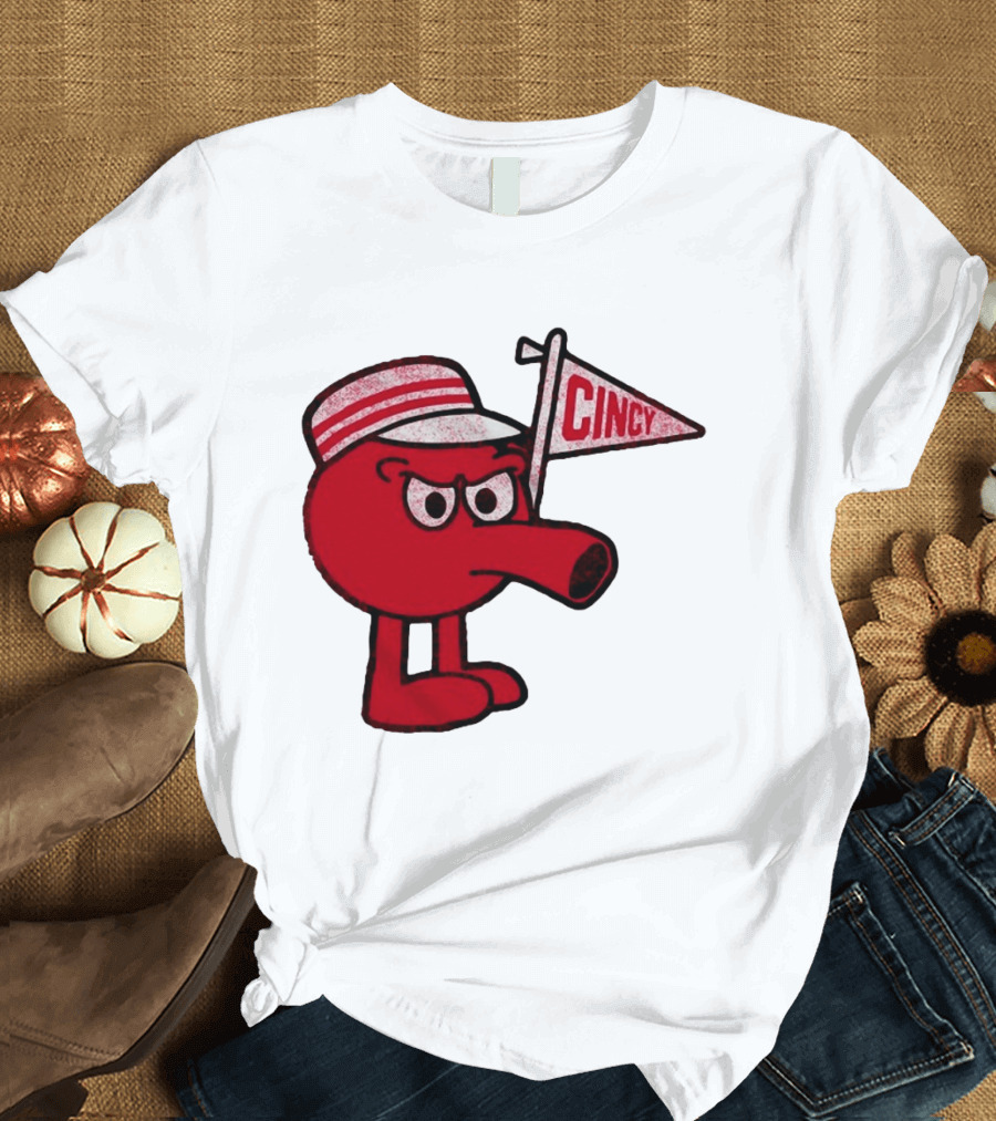 Cincy Redbert Cartoon Character With Striped Hat And Flag T-Shirt