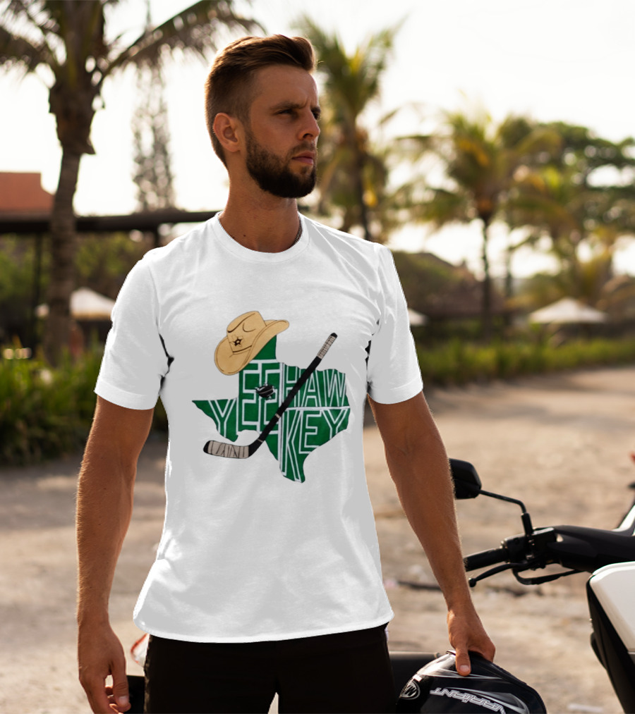 Texas Hockey Yeehaw Stars Cowboy Hat Hockey Stick 2026 Casey DeSmith Jake Oettinger Appreciation Night T-Shirt