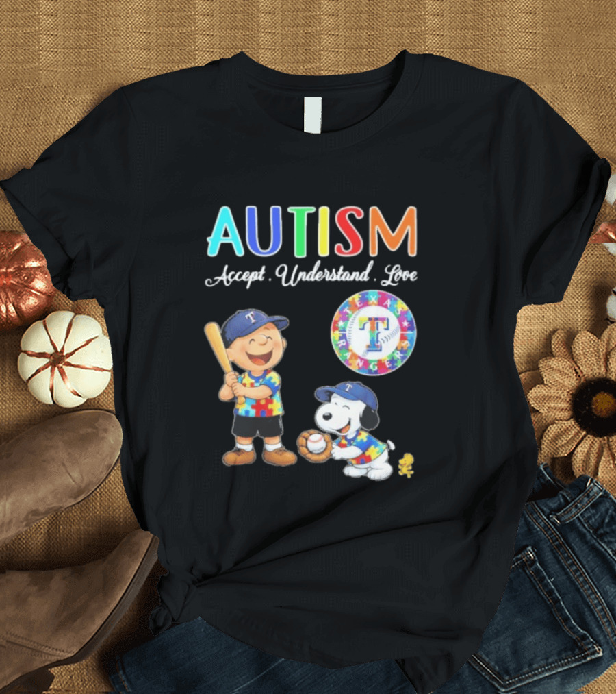 Peanuts Texas Rangers Autism Accept Understand Love Charlie Brown Snoopy T-Shirt