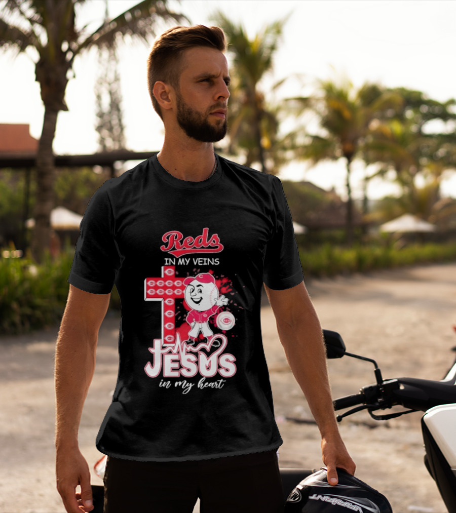 Reds In My Veins Jesus In My Heart Baseball Cross T-Shirt