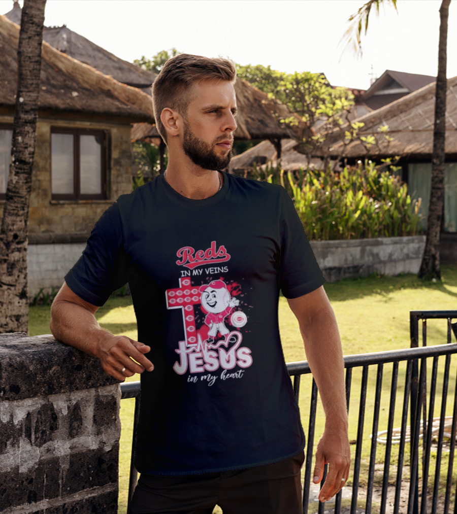 Reds In My Veins Jesus In My Heart Baseball Cross T-Shirt