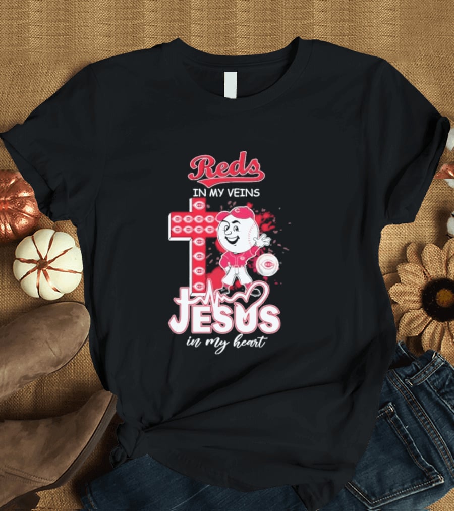 Reds In My Veins Jesus In My Heart Baseball Cross T-Shirt