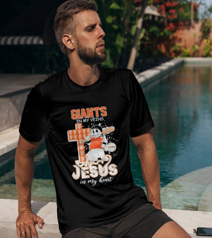 San Francisco Giants In My Veins Jesus In My Heart Baseball Cross Panda T-Shirt