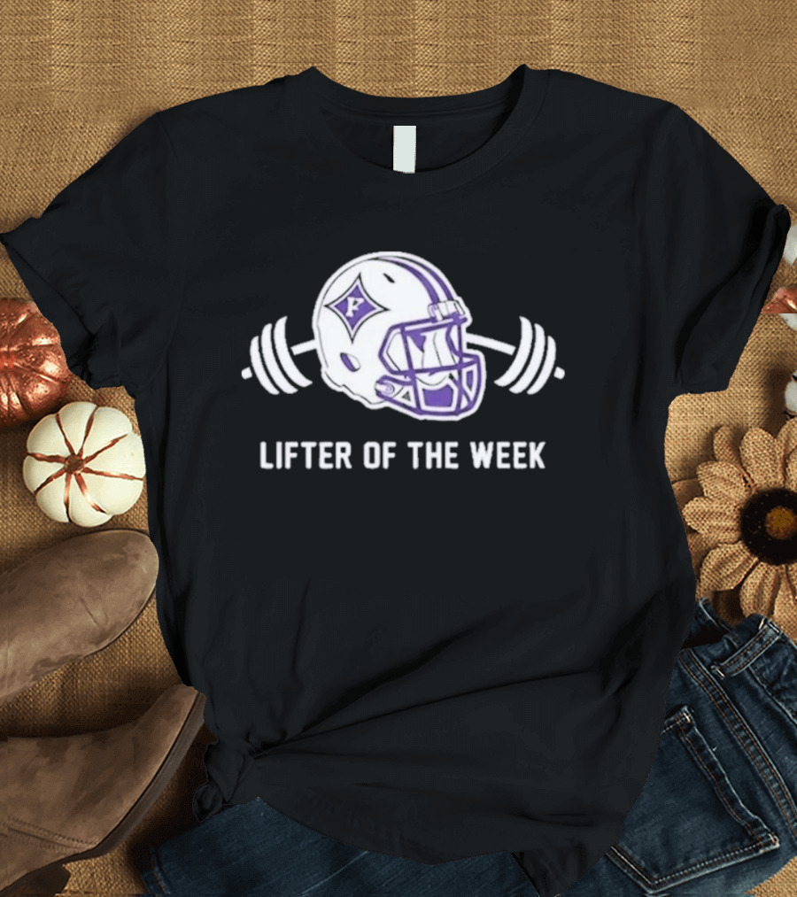 Furman Paladins Lifter Of The Week Helmet Logo With Weights T-Shirt