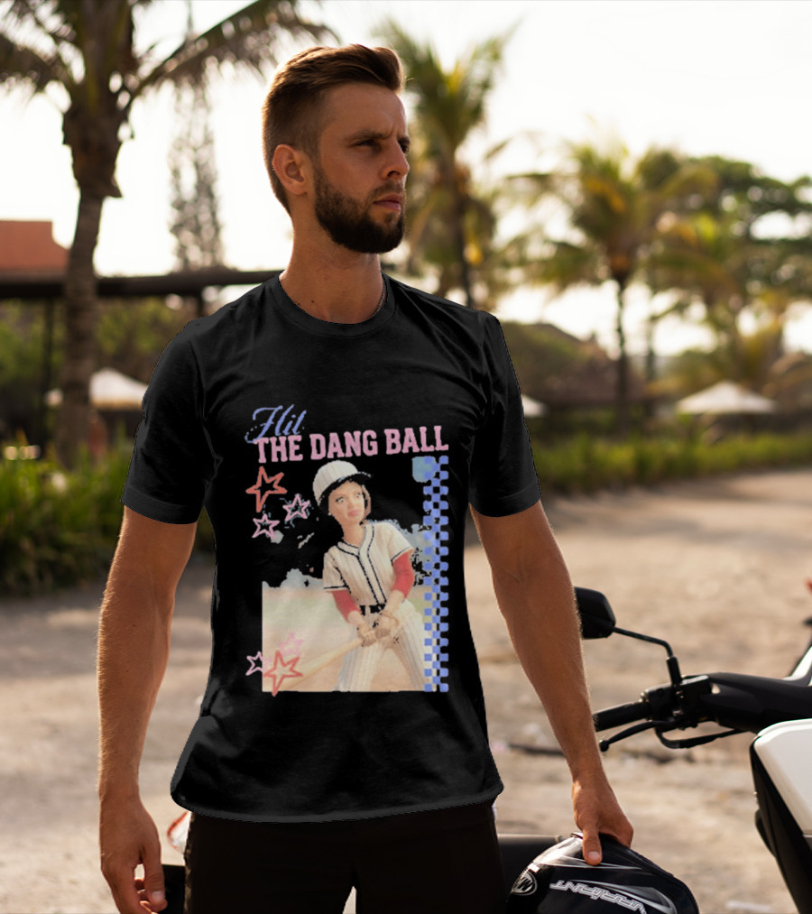 Hit The Dang Ball Vintage Baseball Player With Stars And Blue Checkerboard T-Shirt
