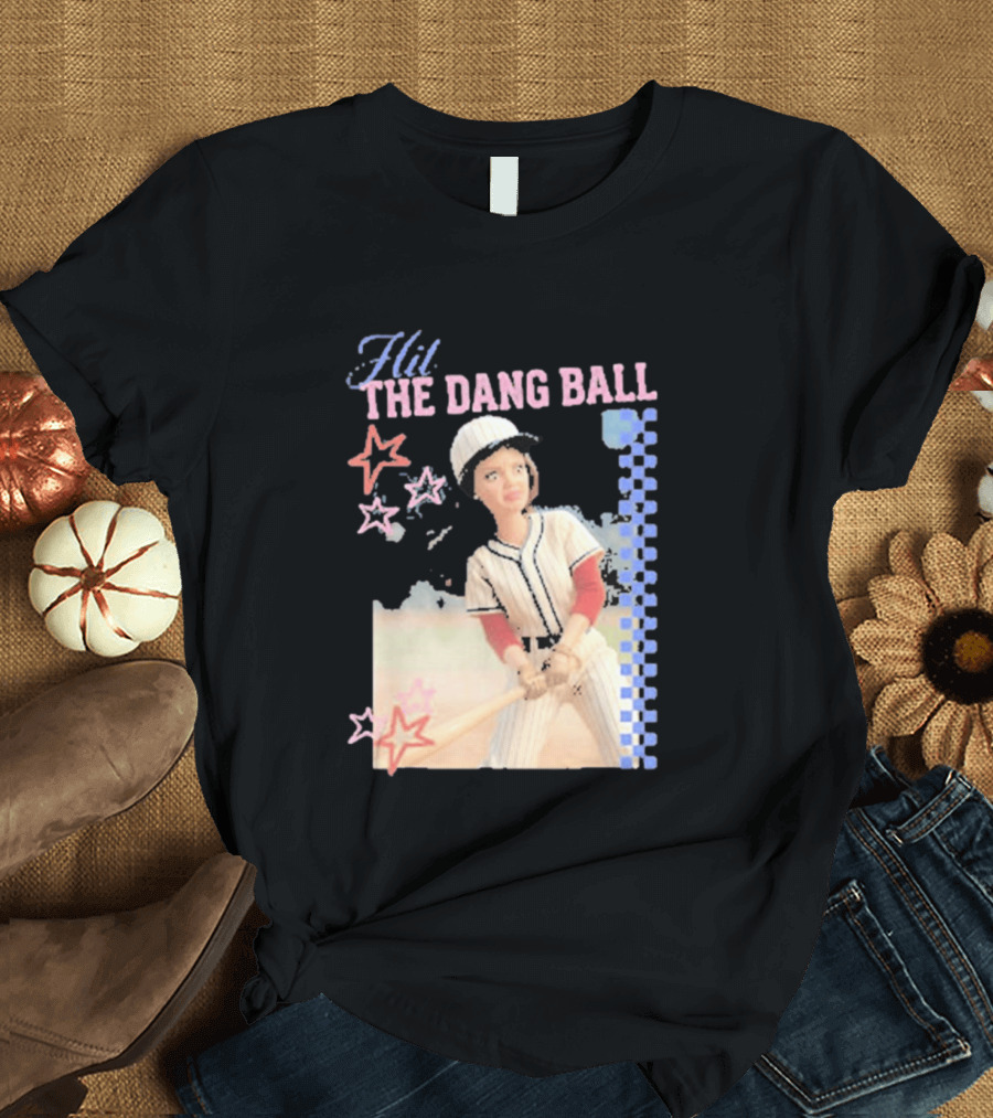 Hit The Dang Ball Vintage Baseball Player With Stars And Blue Checkerboard T-Shirt