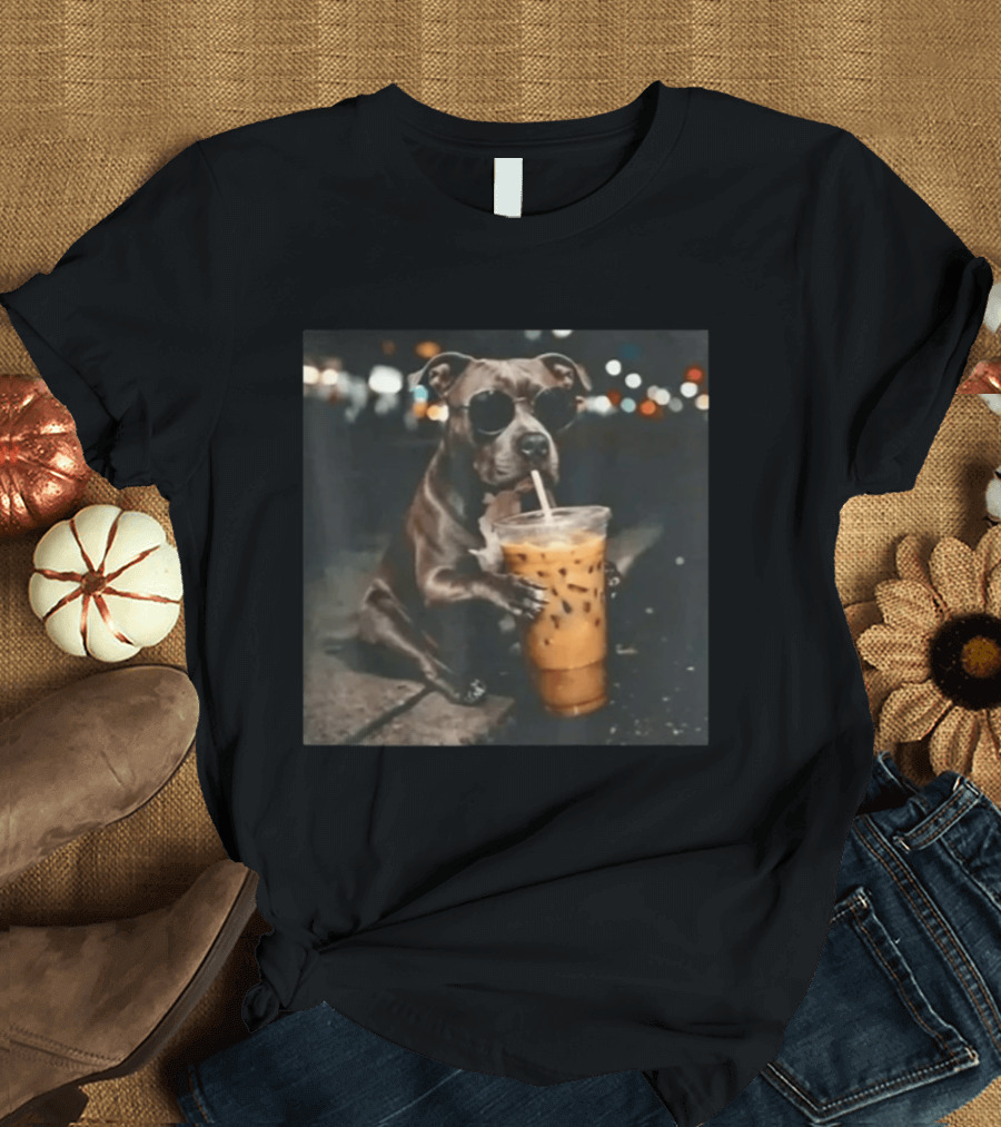 Rottweiler Dog With Sunglasses Sipping Iced Coffee T-Shirt