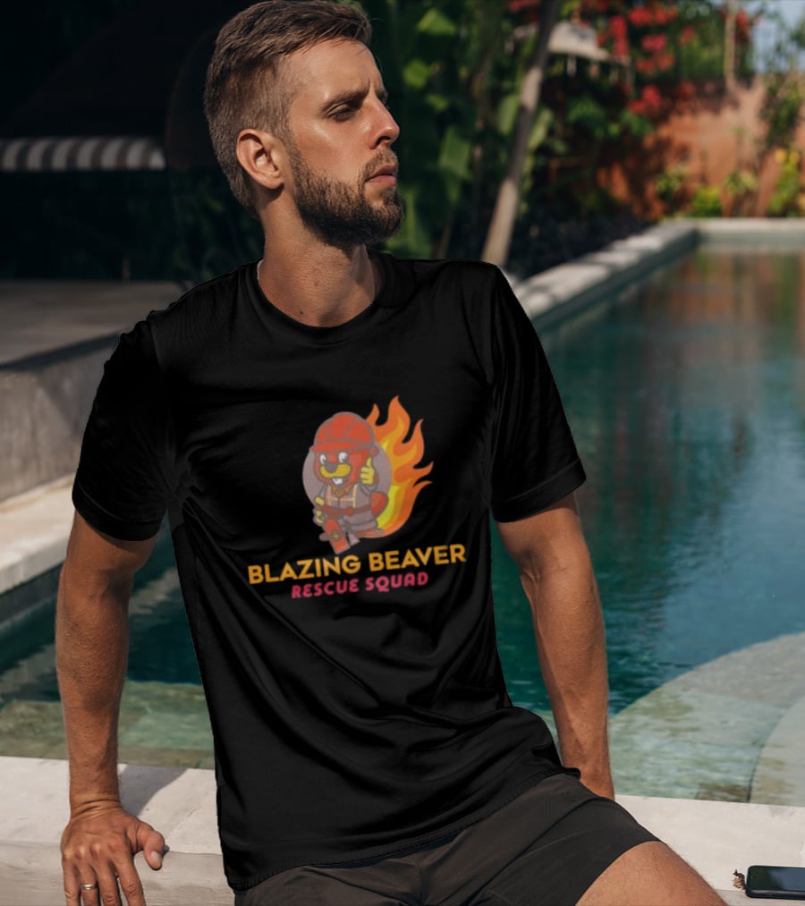 Blazing Beaver Rescue Squad Firefighter Cartoon With Flames T-Shirt