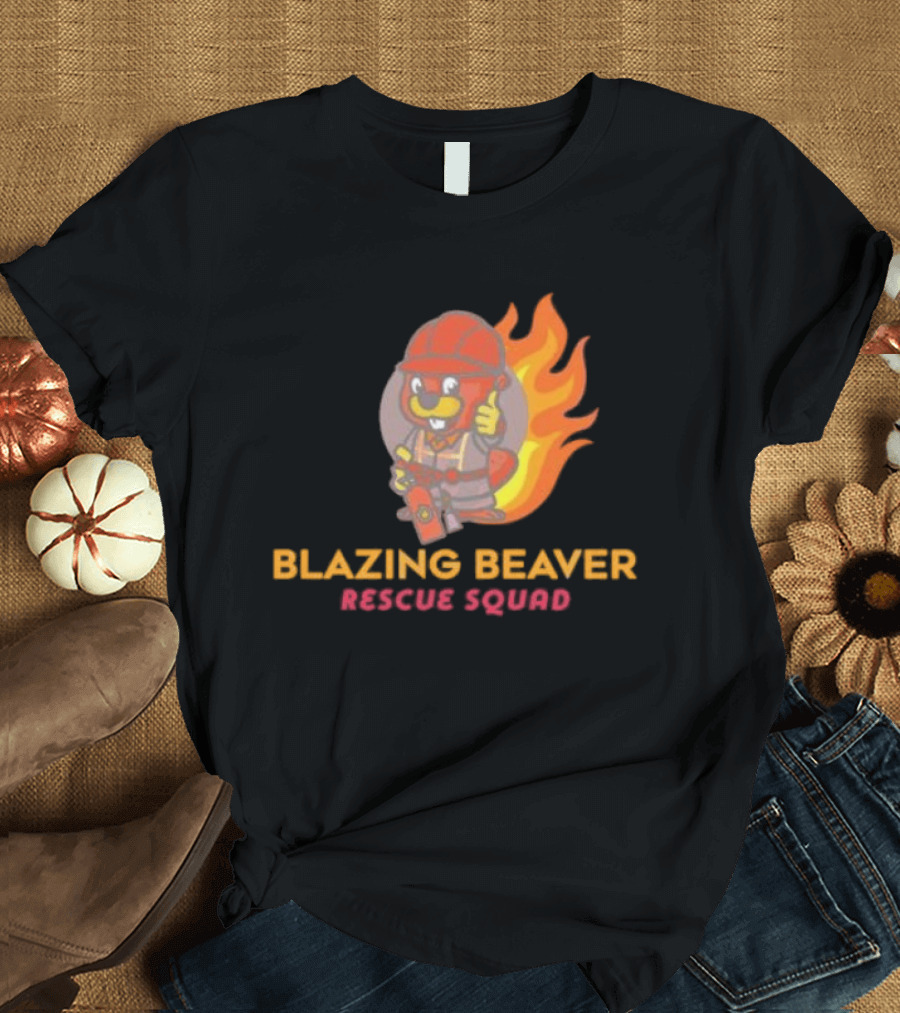 Blazing Beaver Rescue Squad Firefighter Cartoon With Flames T-Shirt
