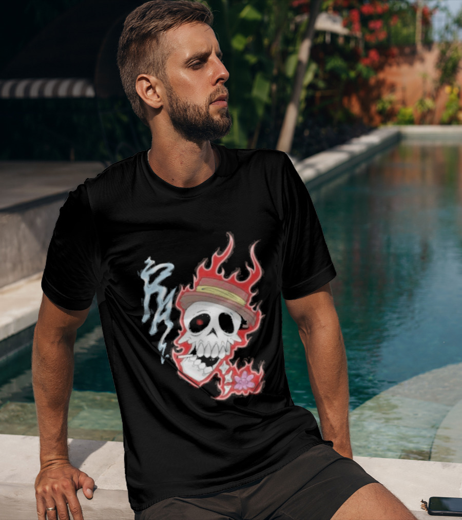Rare Americans Skull With Flames And Hat Flower T-Shirt