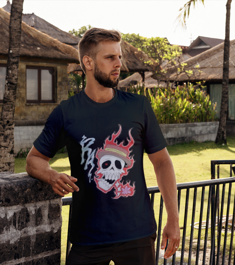 Rare Americans Skull With Flames And Hat Flower T-Shirt