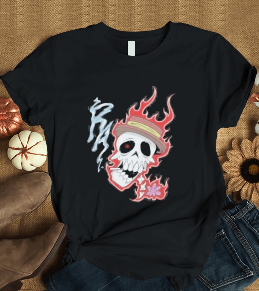 Rare Americans Skull With Flames And Hat Flower T-Shirt
