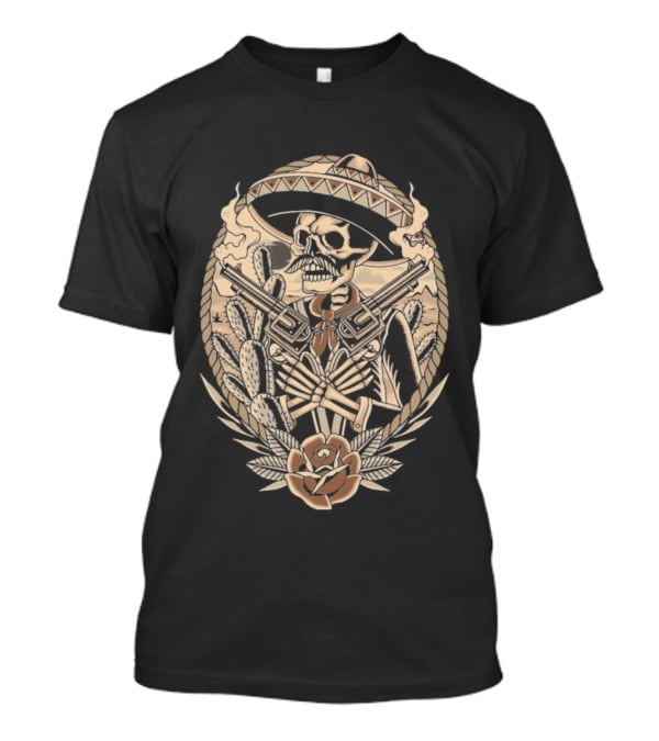 Deathsperado Skeleton Cowboy With Guns Roses And Dollar Signs Black T-Shirt