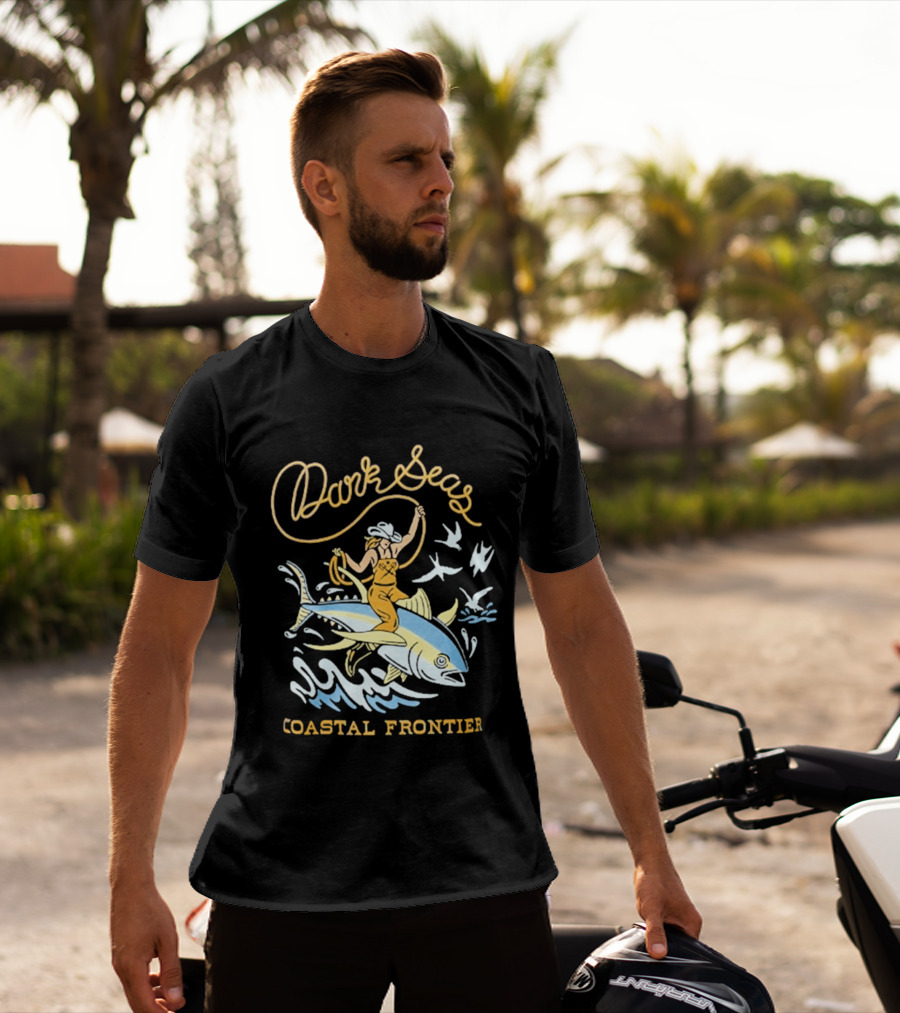 Dark Seas Coastal Frontier Ride 'em Wet Adventure Ocean Cowboy On Fish T-Shirt