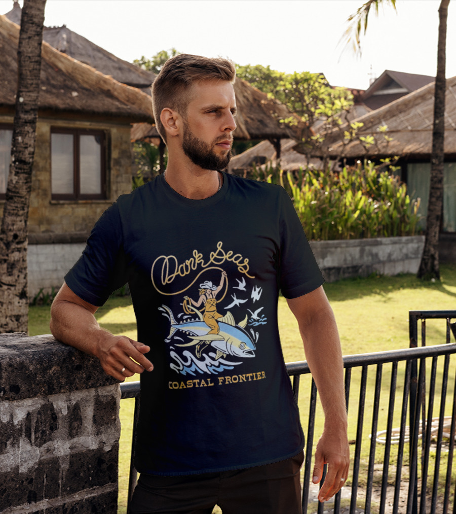 Dark Seas Coastal Frontier Ride 'em Wet Adventure Ocean Cowboy On Fish T-Shirt