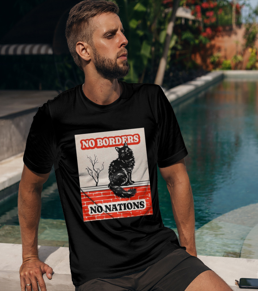 No Borders No Nations Cat Black Feline On Brick Wall T-Shirt