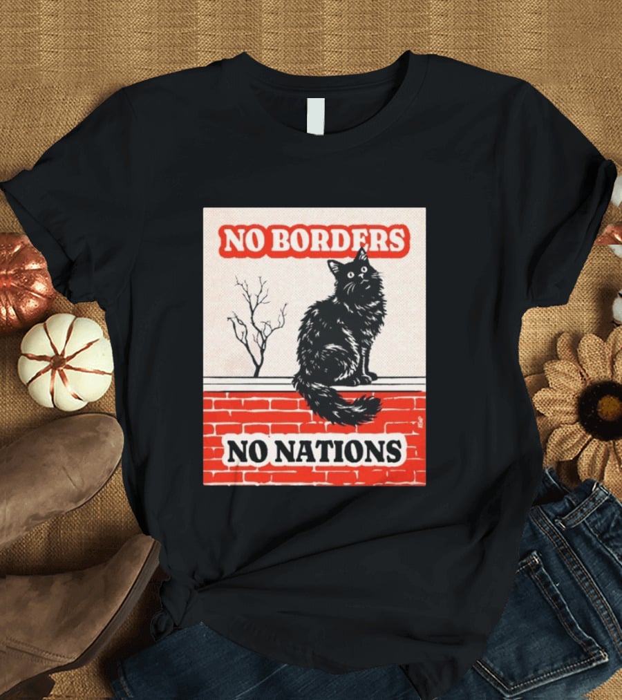 No Borders No Nations Cat Black Feline On Brick Wall T-Shirt