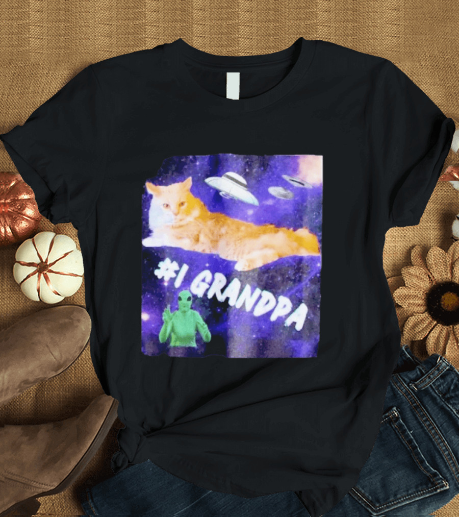 #1 Grandpa Cat Collage Alien And UFO Space T-Shirt