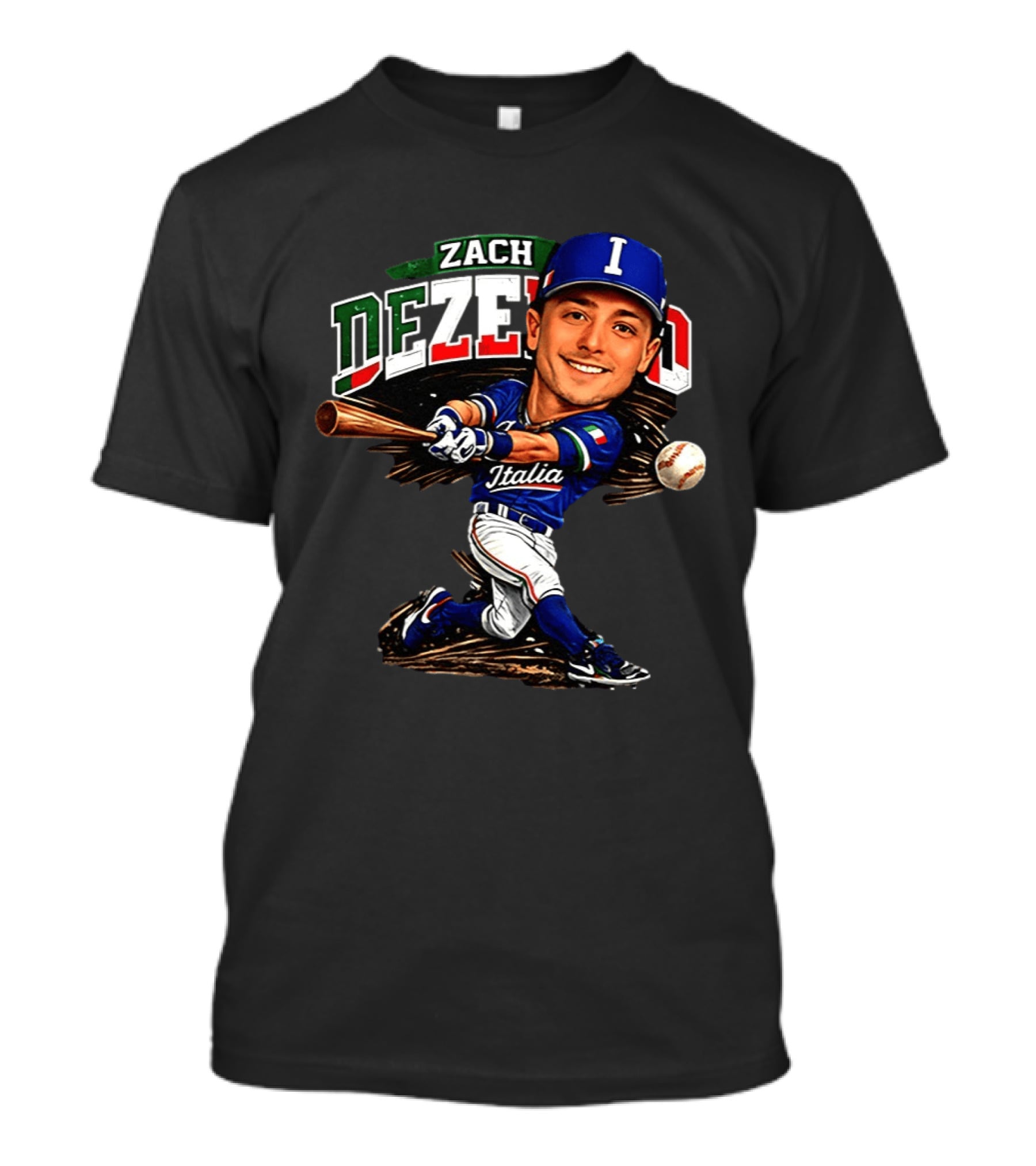 Zach Dezenzo Italia Baseball Classic Caricature Swinging Batter T-Shirt
