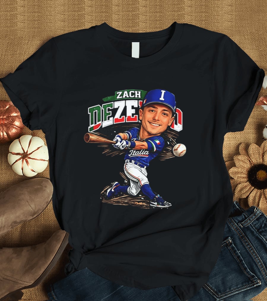 Zach Dezenzo Italia Baseball Classic Caricature Swinging Batter T-Shirt