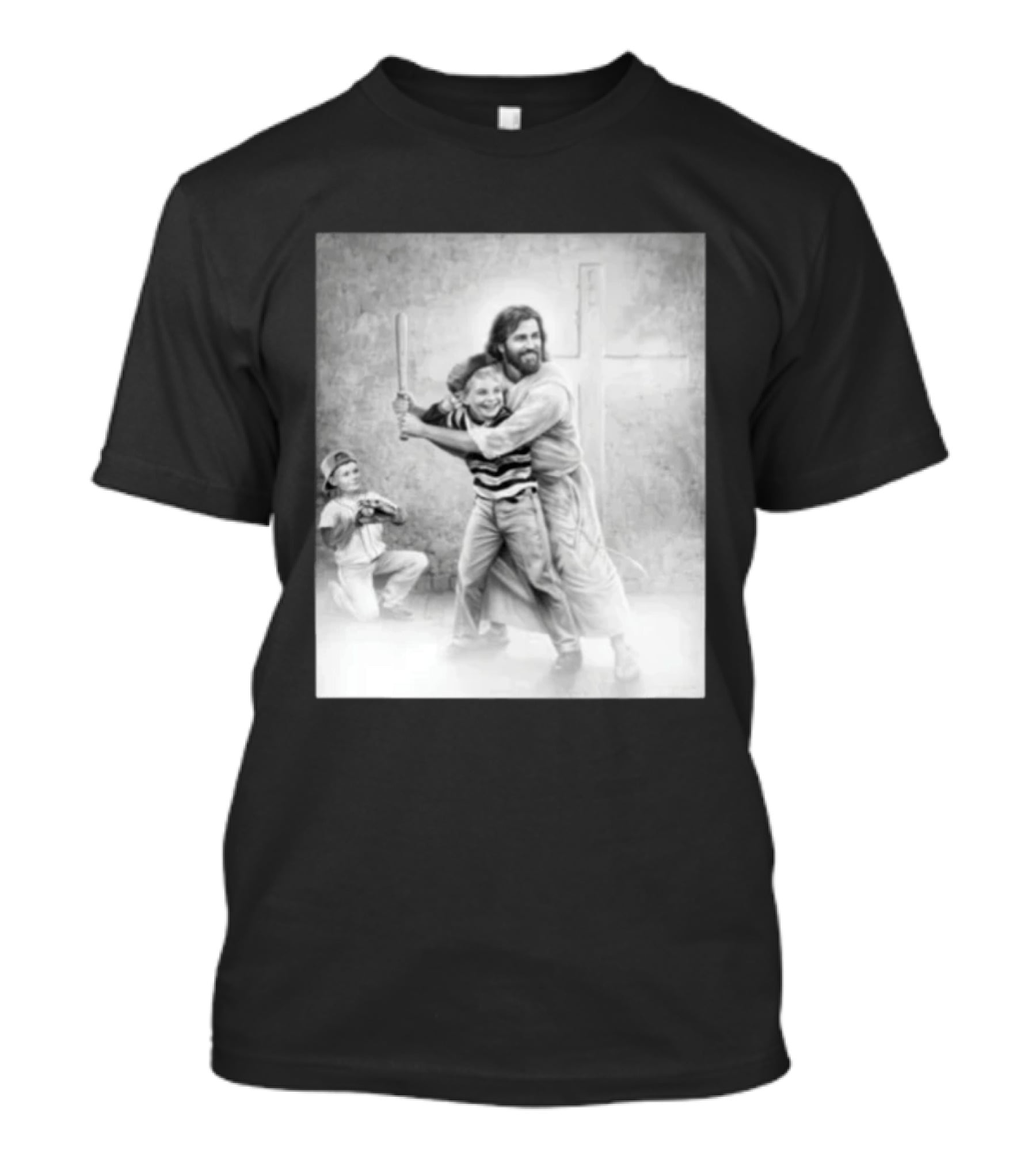 Jesus As A Coach With Children Playing Baseball In Front Of A Cross T-Shirt