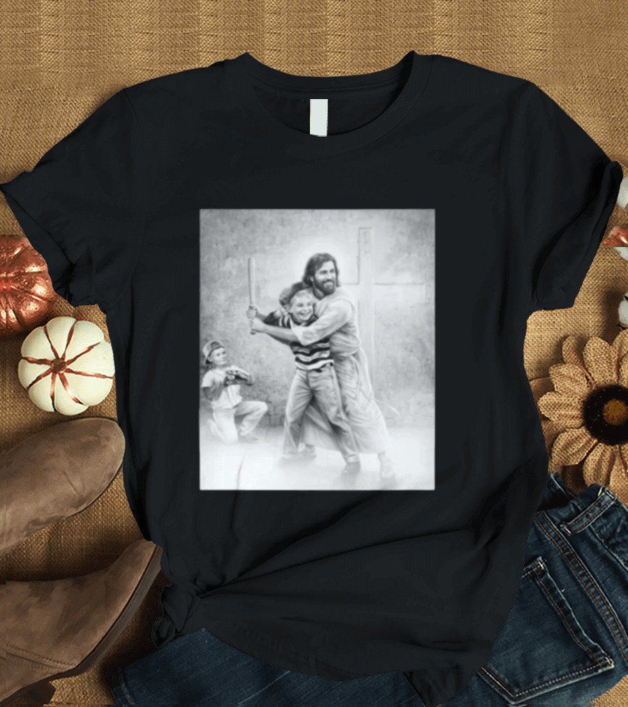 Jesus As A Coach With Children Playing Baseball In Front Of A Cross T-Shirt