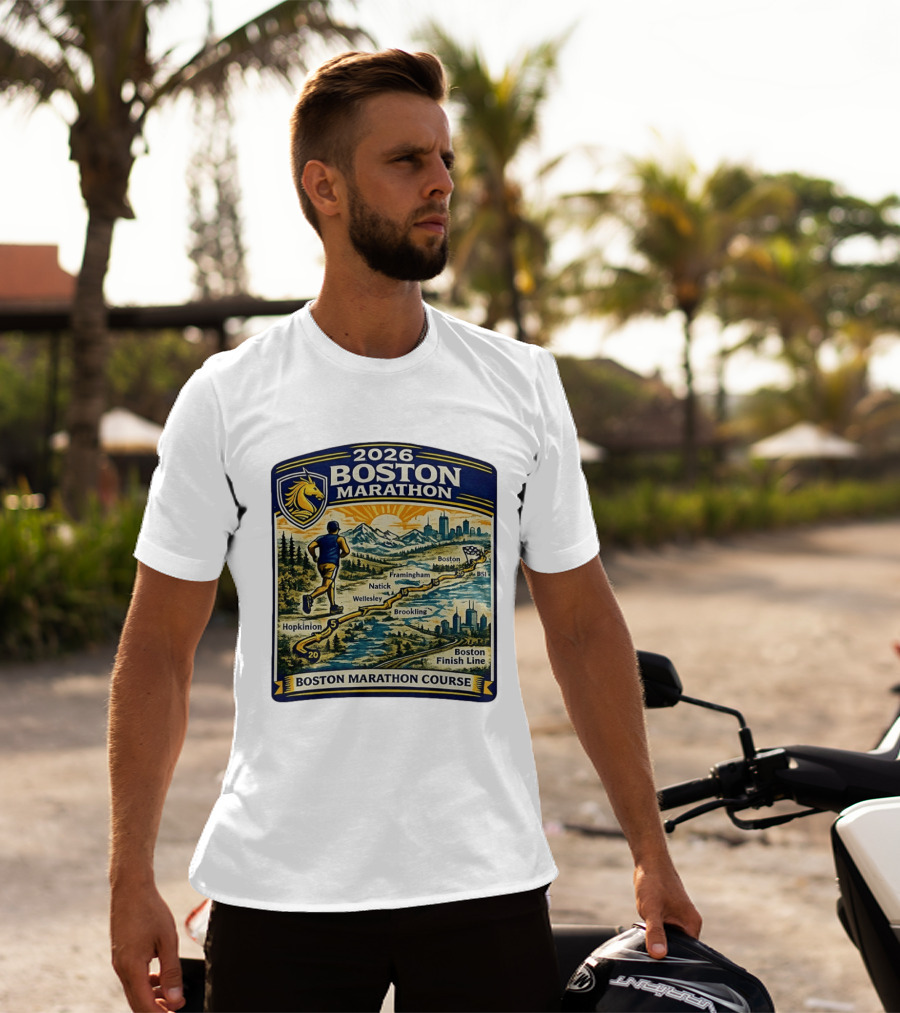 2026 Boston Marathon Course Hopkinton Framingham Natick Wellesley Brookline Finish Line T-Shirt