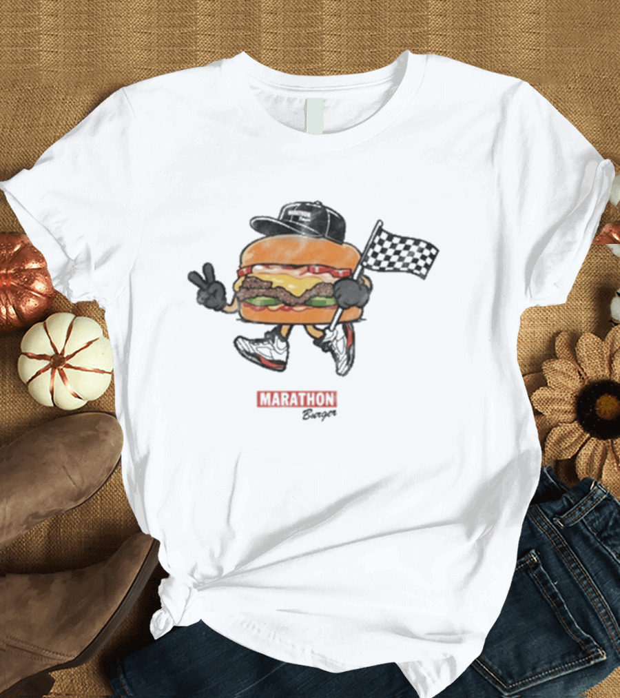 Marathon Burger Cartoon Racing With Peace Sign And Checkered Flag T-Shirt