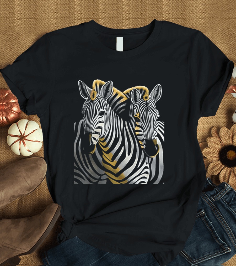 The Couple Of Zebras Striped Duo Art With Golden Highlights T-Shirt