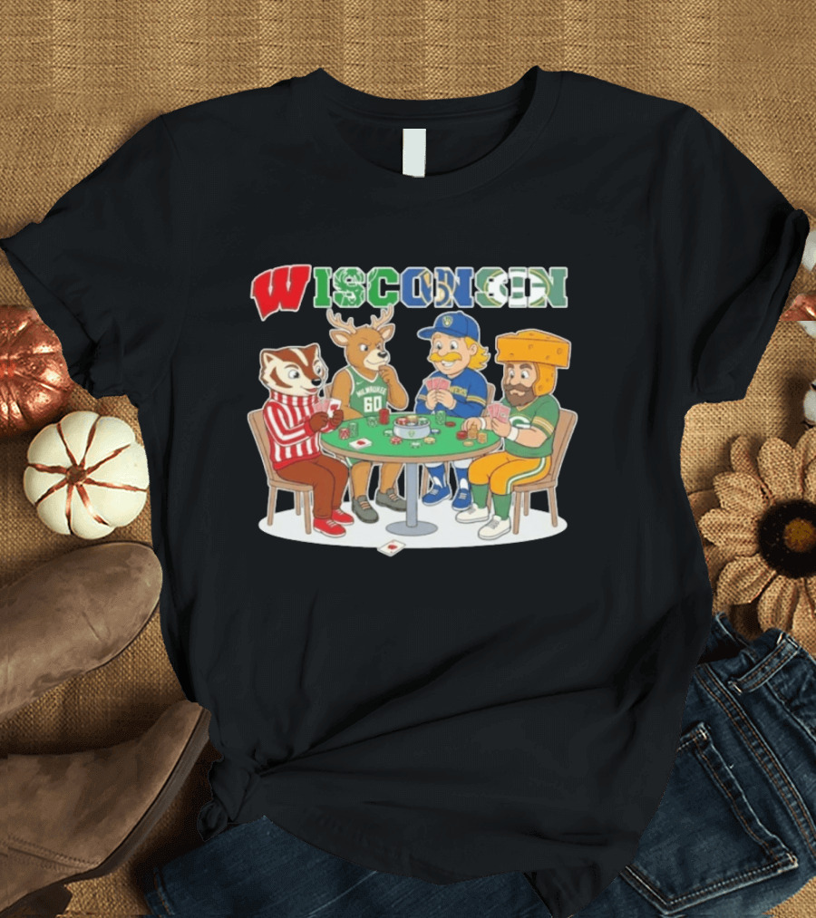 Wisconsin Sports Mascots Playing Poker With Packers Brewers And Bucks Themes T-Shirt