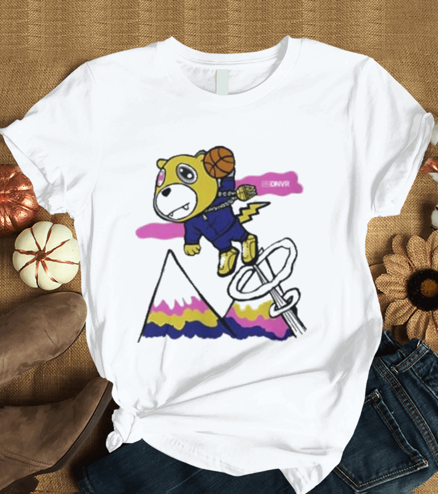 Dnvr Flying Basketball Mascot In Colorful Mountain Scene With Bicycle And Lightning T-Shirt
