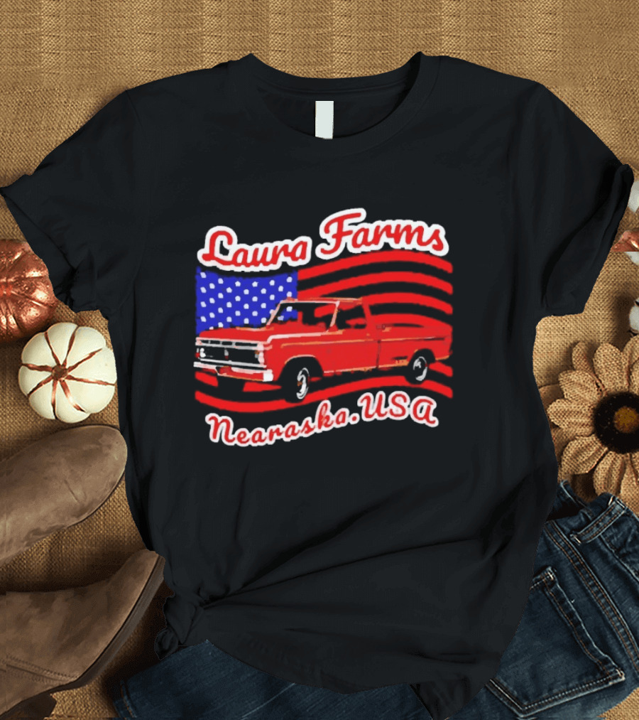 Laura Farms Nebraska USA Vintage Truck American Flag T-Shirt