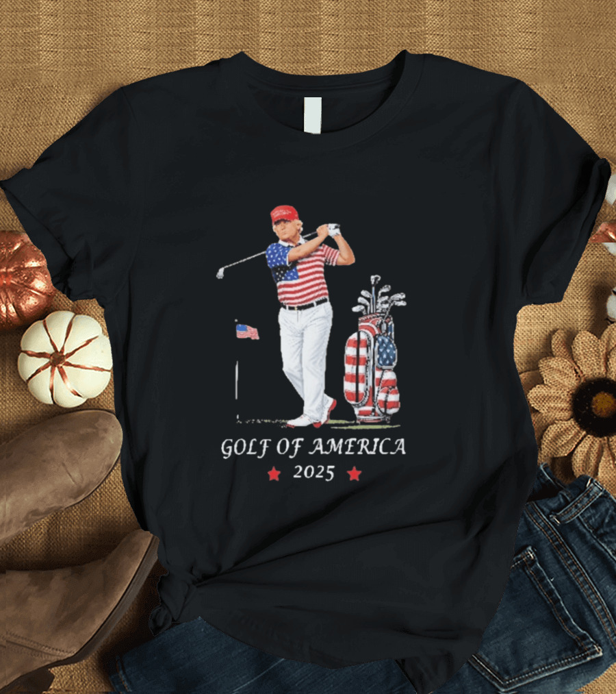 GOLF OF AMERICA 2025 Trump Red Cap Stars Stripes Golf Bag T-Shirt