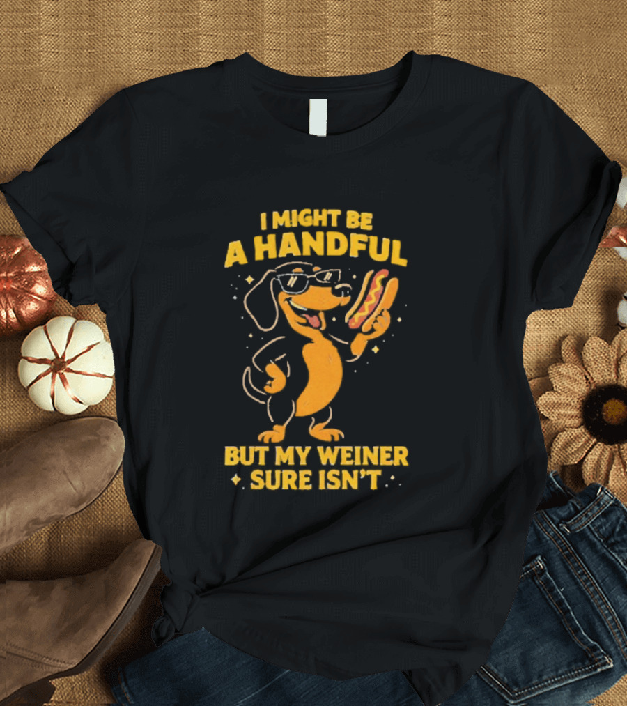 I Might Be A Handful But My Weiner Sure Isn't Hotdog Dog Wearing Glasses Holding Hotdog T-Shirt