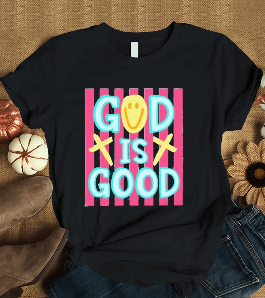 God Is Good Smiley Face Crosses Pink Stripes T-Shirt