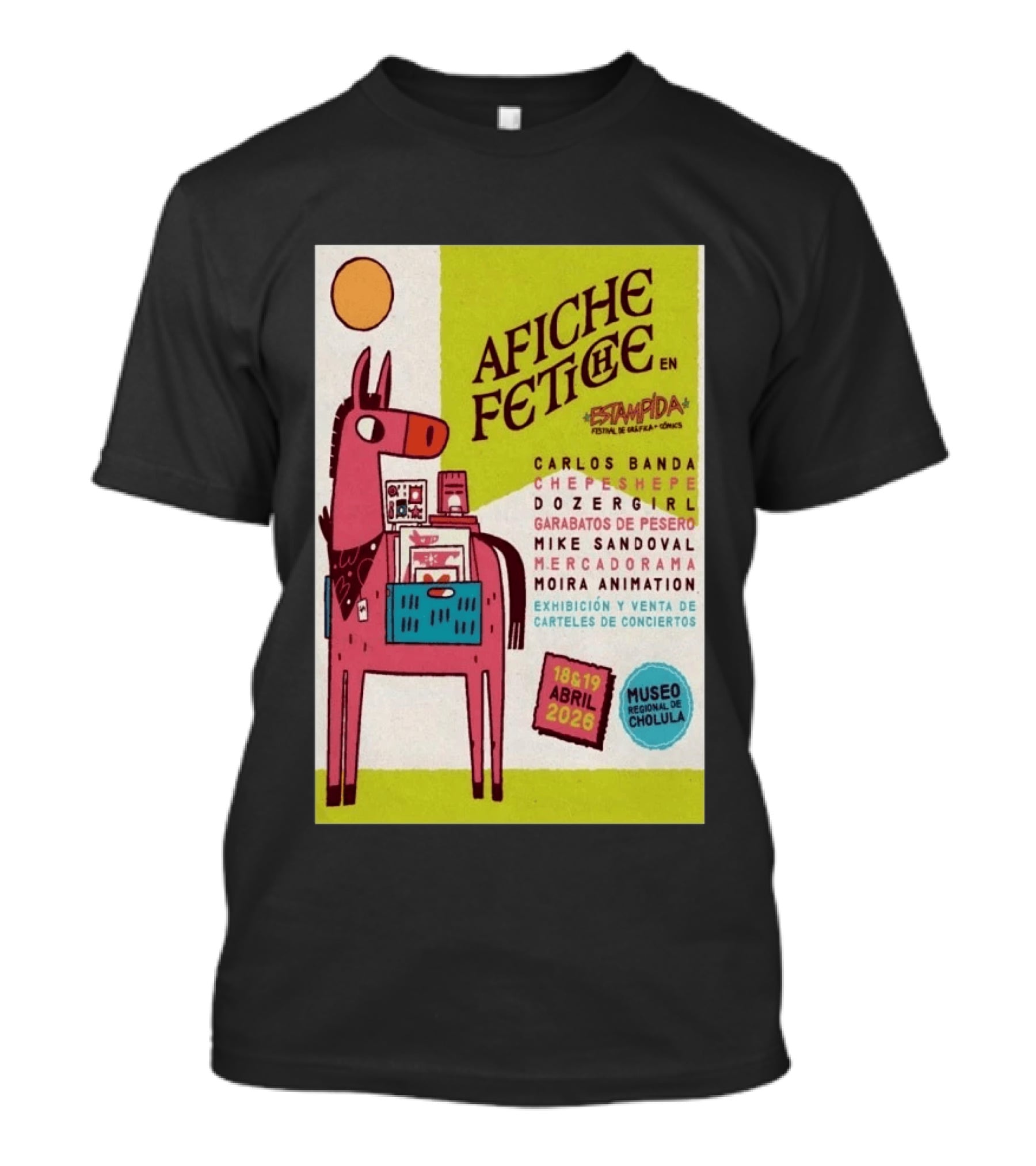 Afiche Fetiche Estampida Festival Gráfica Cómics Cholula Abril 2026 Museo Regional Exhibición Carteles Conciertos T-Shirt