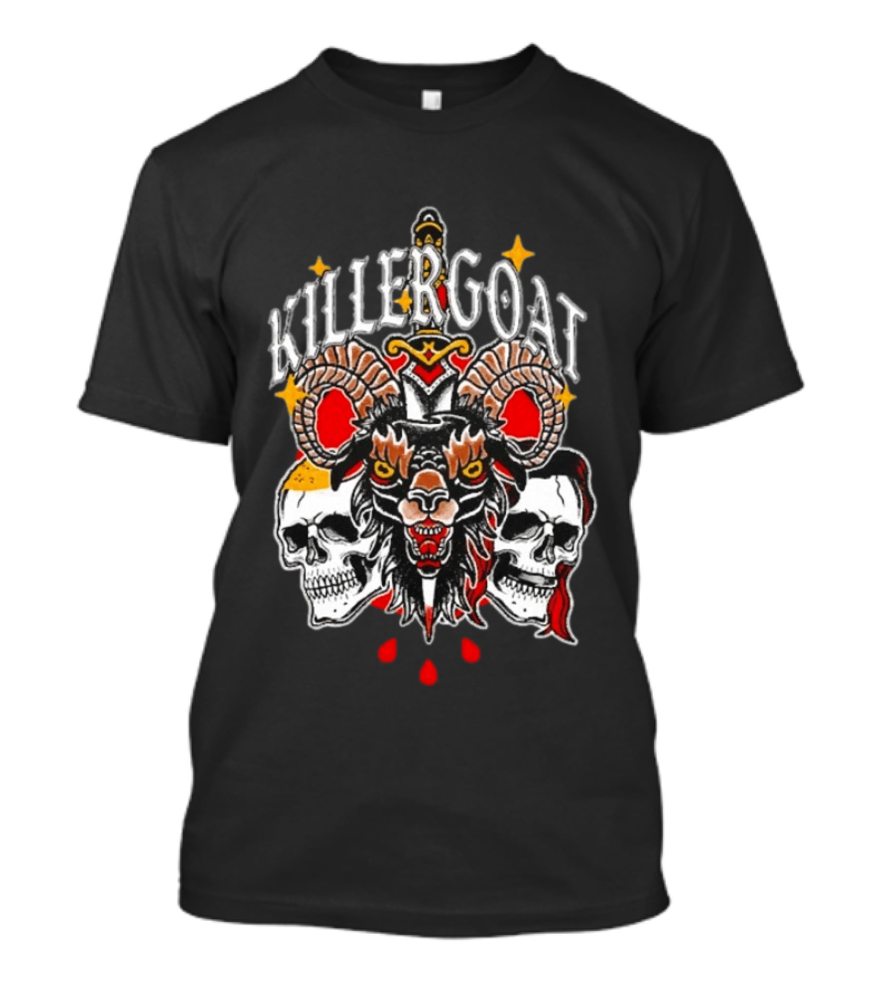 Killer Goat Skull Blood Drops And Horned Beast With Skulls And Sword T-Shirt