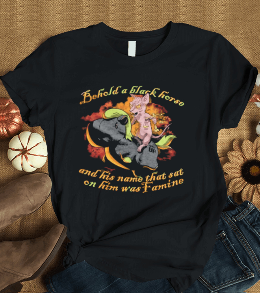 Behold A Black Horse And His Name That Sat On Him Was Famine Text With Cartoon Demon Rider T-Shirt