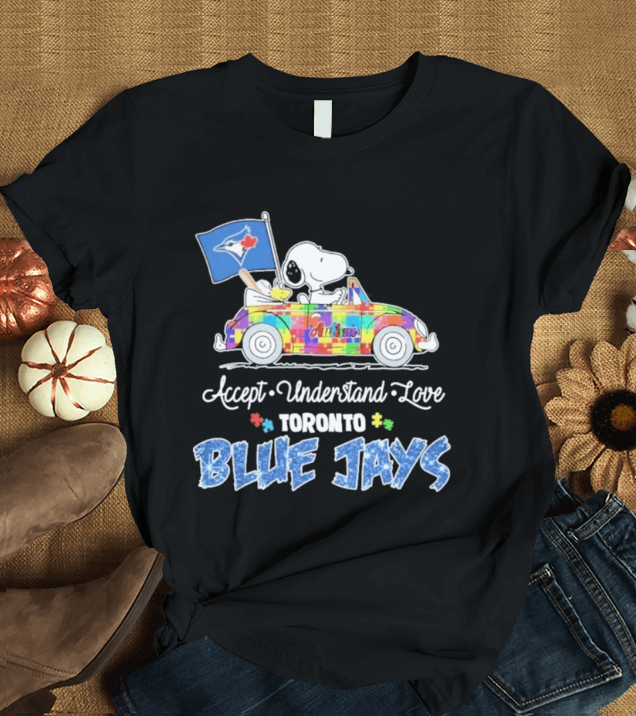 Snoopy Woodstock Driving Car Toronto Blue Jays Autism Awareness Accept Understand Love T-Shirt