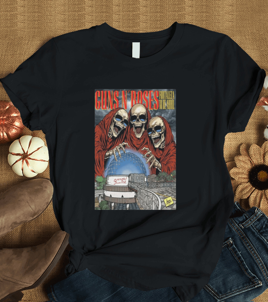 Guns N' Roses Fortaleza 18 De Abril Skeleton Red Hooded Figures Concert T-Shirt