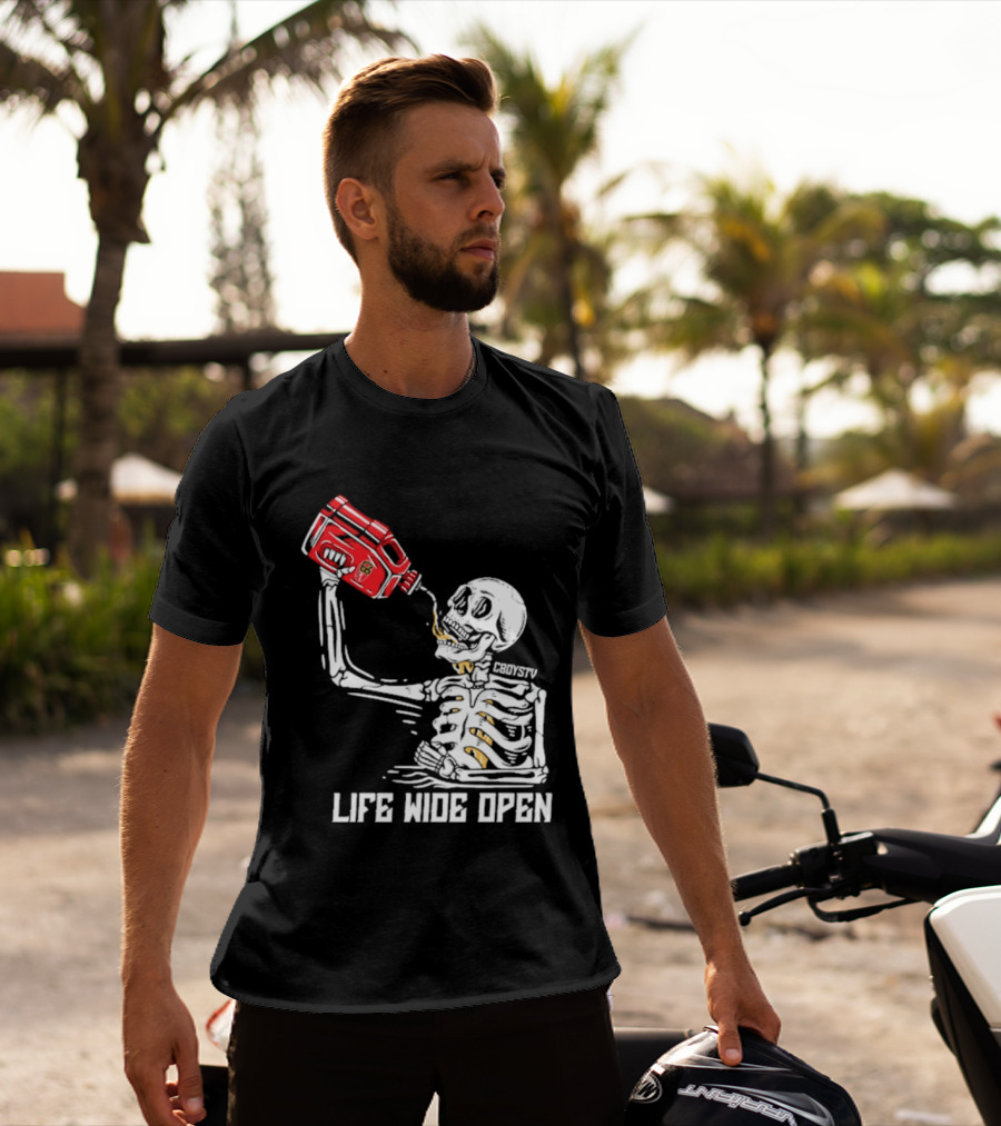 Cboystv Life Wide Open Skeleton Drinking Soul Fuel T-Shirt