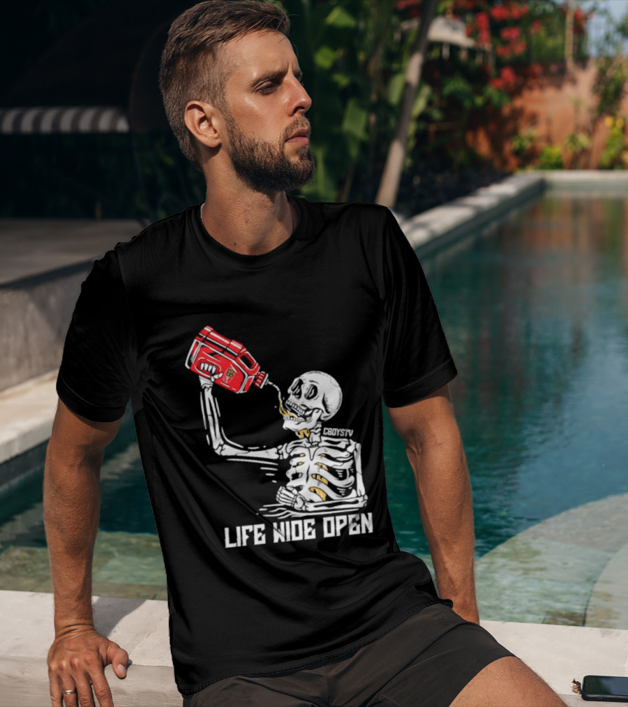 Cboystv Life Wide Open Skeleton Drinking Soul Fuel T-Shirt