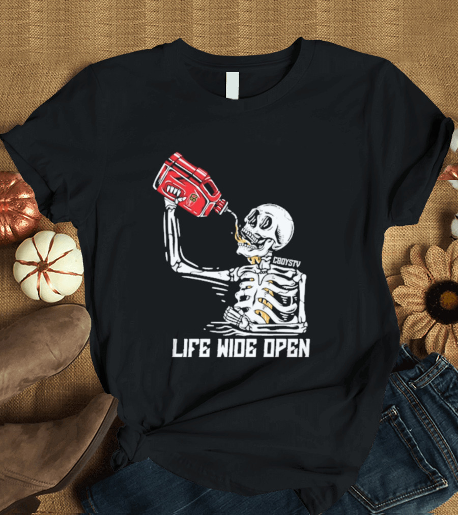 Cboystv Life Wide Open Skeleton Drinking Soul Fuel T-Shirt
