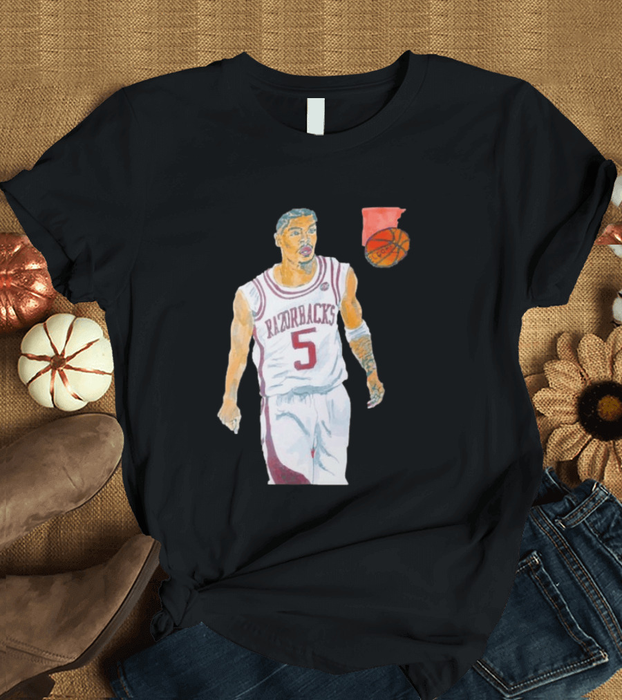 Arkansas Razorbacks Basketball Darius Acuff Jr. Caricature Player Number 5 T-Shirt