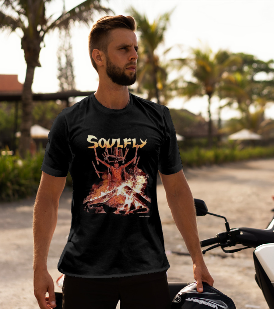 Soulfly Chama Tribal Warrior With Flaming Bonfire T-Shirt